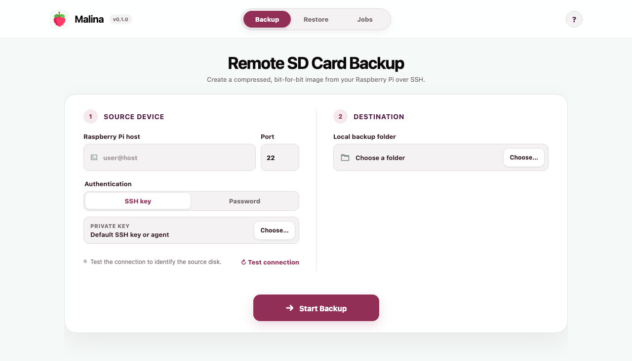 Malina's Backup screen showing SSH authentication and backup destination controls