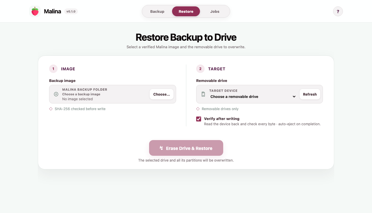 Malina Restore screen